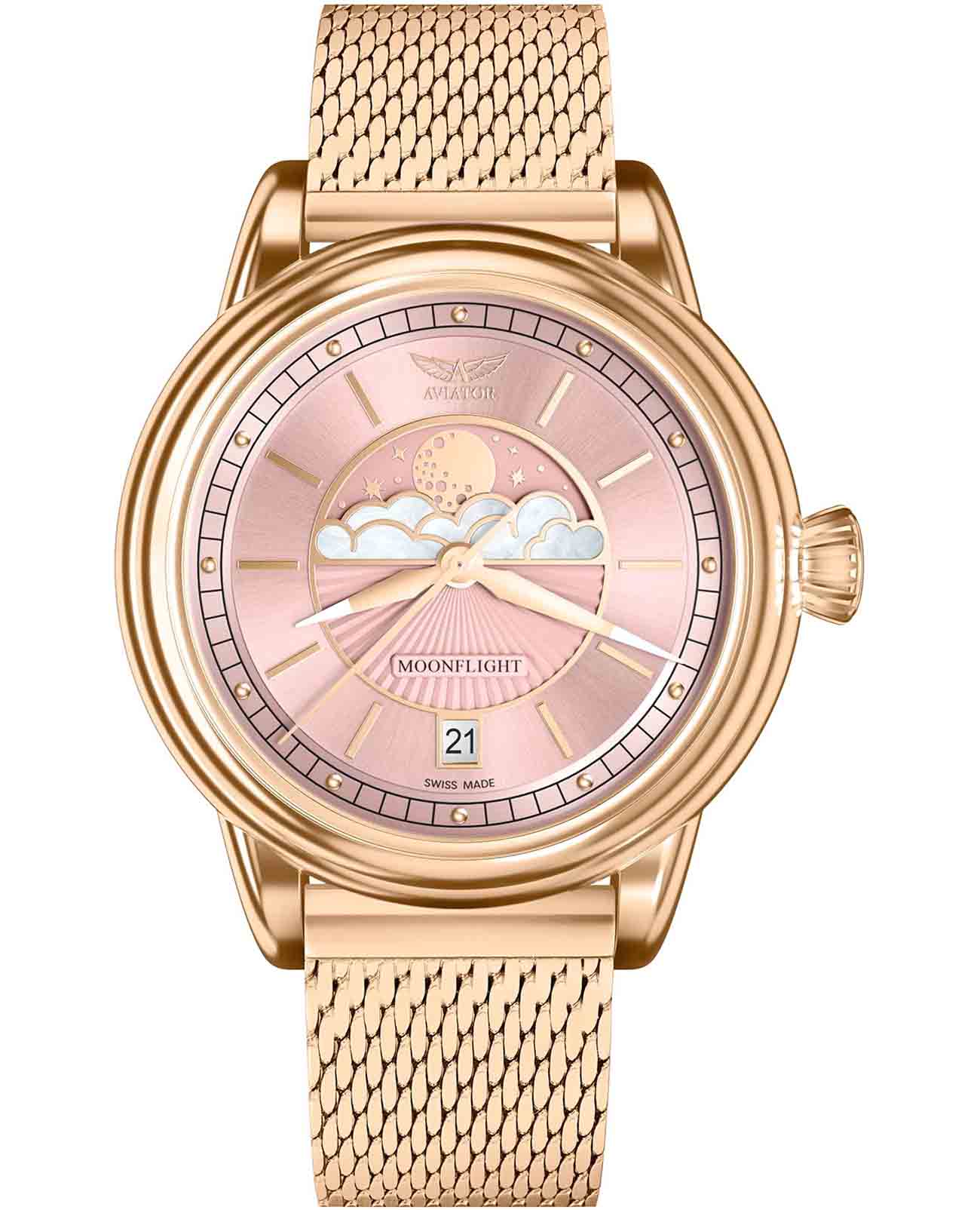 Aviator Aviator Douglas MoonFlight V.1.33.2.258.5  V.1.33.2.258.5 кварцевые женские часы розовый циферблат, браслет нержавеющая сталь с pvd-покрытием — вид спереди