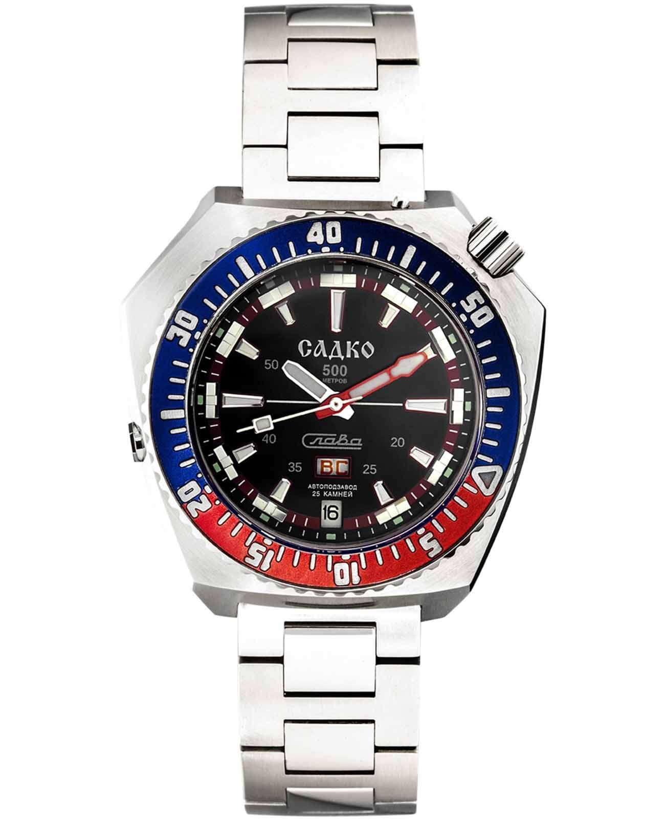 Слава Слава Садко 5007167/100-2427  5007167/100-2427 механические мужские часы черный циферблат, браслет нержавеющая сталь 316l — вид спереди