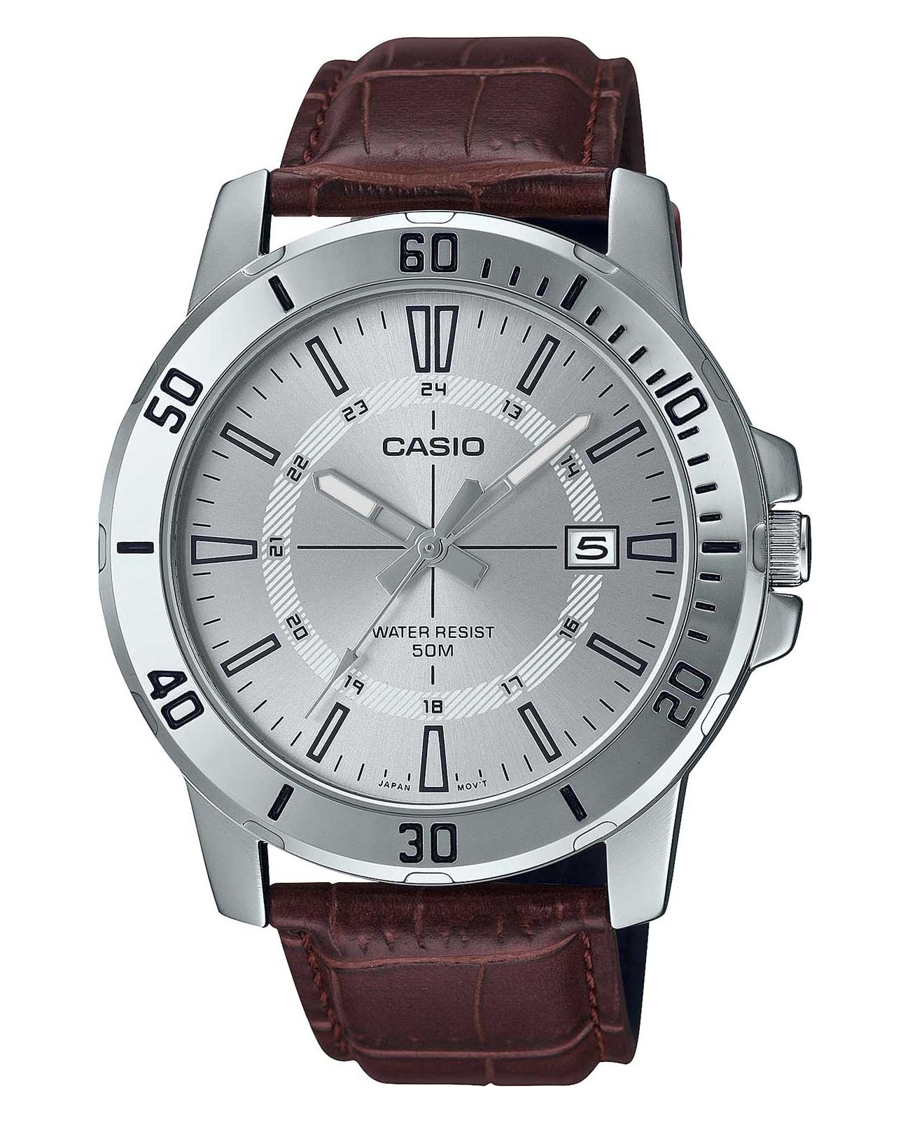 Casio Casio Collection MTP-VD01L-7C  MTP-VD01L-7C кварцевые мужские часы серебристый циферблат, браслет кожаный — вид спереди