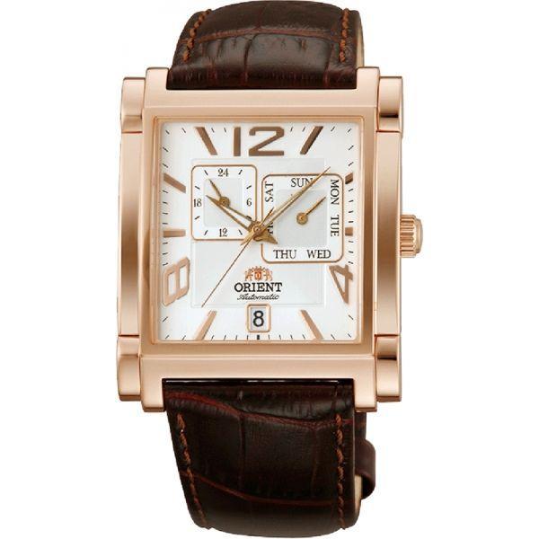 Orient Orient ETAC008W (FETAC008W)  FETAC008W механические мужские часы белый циферблат, браслет кожа + текстиль — вид спереди