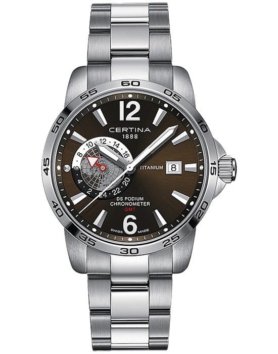 Certina Certina DS Podium GMT  C034.455.44.087.00  C0344554408700 кварцевые мужские часы коричневый циферблат, браслет титановый — вид спереди