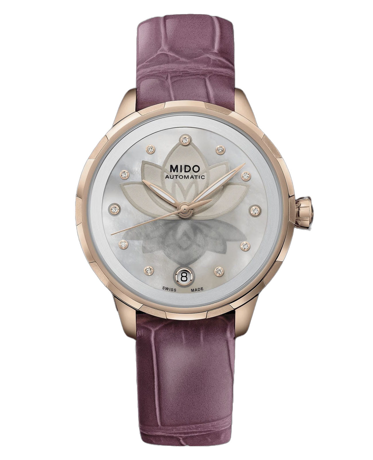 Mido Mido Rainflower Night M043.207.36.106.00  M0432073610600 механические женские часы перламутровый циферблат, браслет кожаный — вид спереди