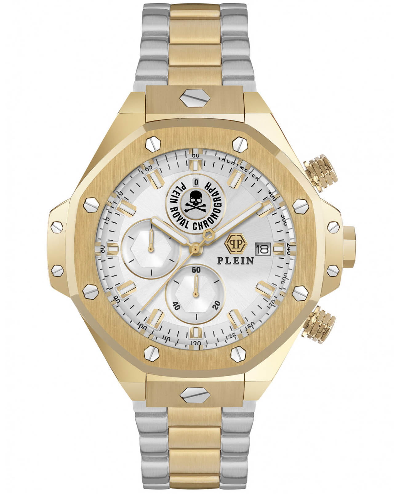 Philipp Plein Philipp Plein Plein Chrono Royal PWLFA0525  PWLFA0525 кварцевые мужские часы серебристый циферблат, браслет нержавеющая сталь с pvd-покрытием — вид спереди