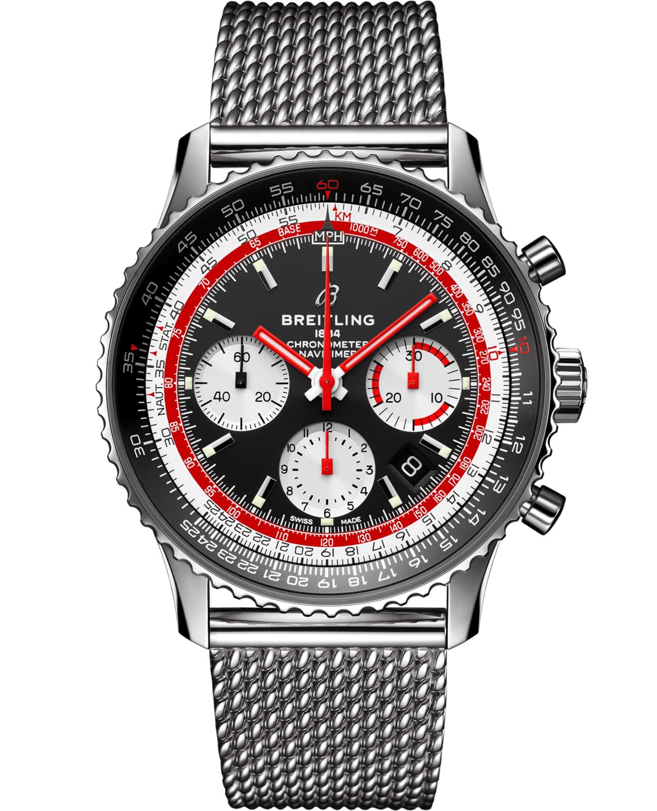 Breitling Breitling Navitimer B01 Chronograph 43 Swissair AB01211B1B1A1  AB01211B1B1A1 механические мужские часы  циферблат, браслет нержавеющая сталь — вид спереди