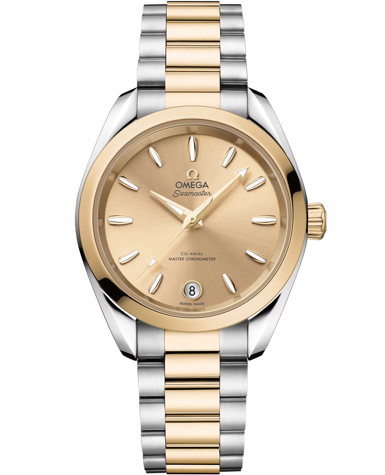 Omega Omega Seamaster Aqua Terra 220.20.34.20.08.001 Aqua Terra 22020342008001 механические женские часы золотой циферблат, браслет нержавеющая сталь + золото 18к — вид спереди