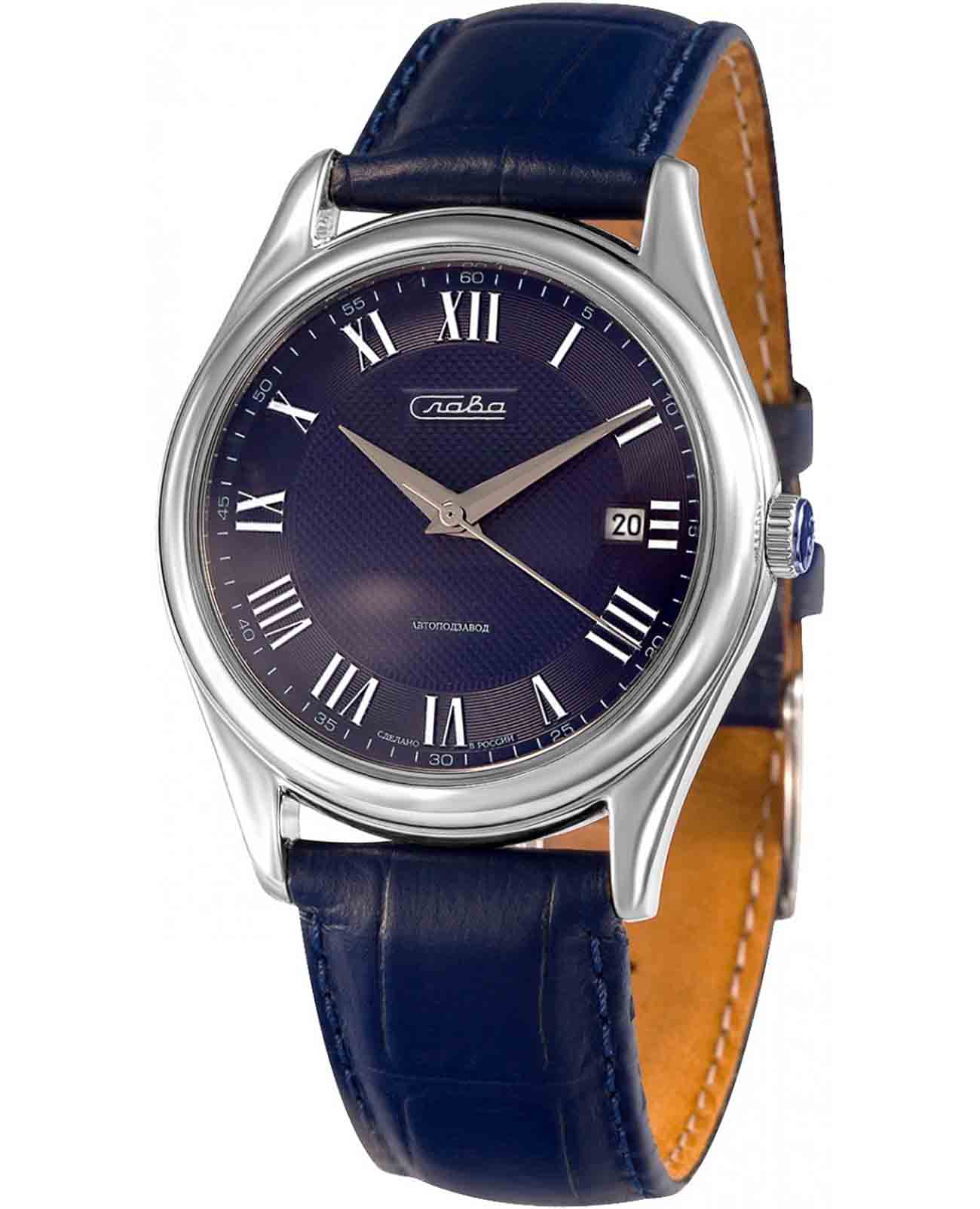 Слава Слава Сенат 1490903/300-1612  1490903/300-1612 механические мужские часы синий циферблат, браслет кожаный — вид спереди