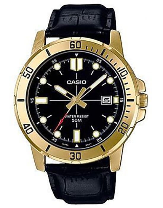 Casio Casio Collection MTP-VD01GL-1EVUDF (MTP-VD01GL-1E)  MTP-VD01GL-1E кварцевые мужские часы черный циферблат, браслет кожаный — вид спереди