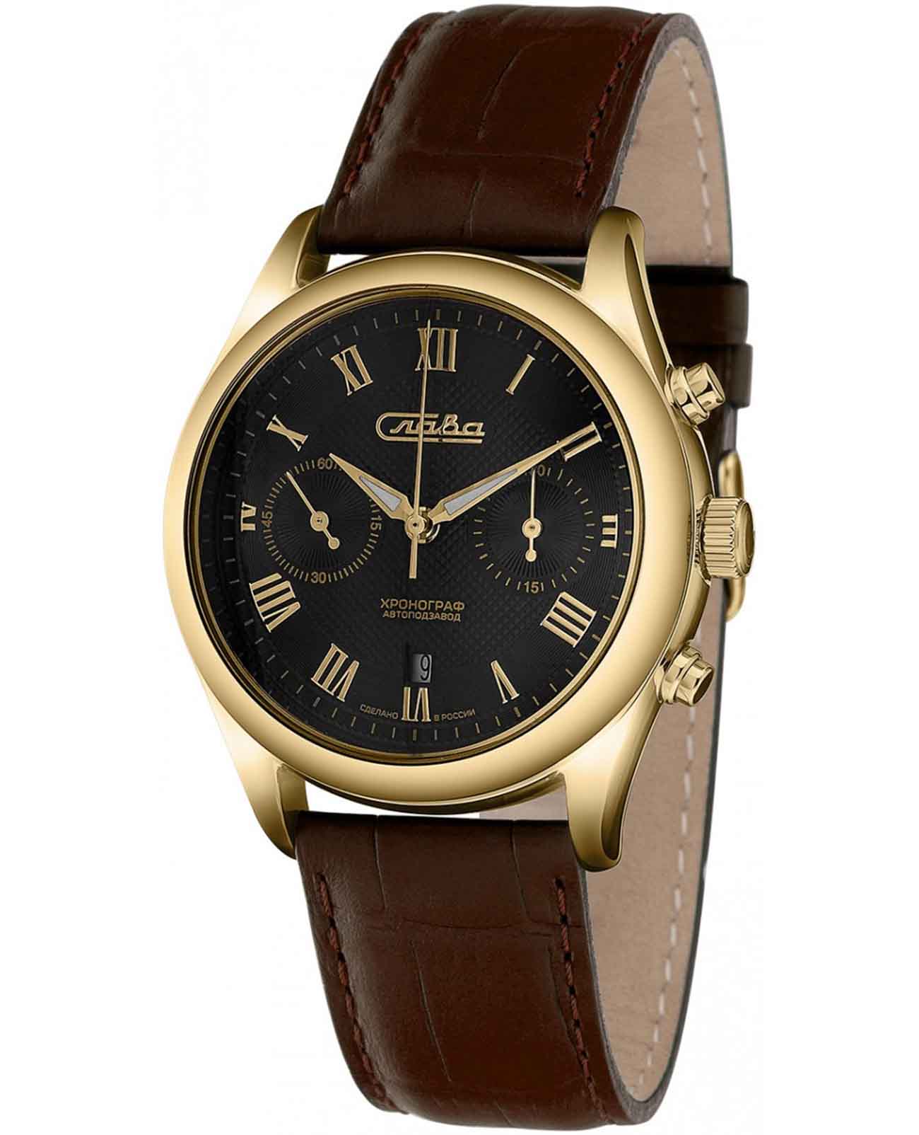 Слава Слава Сенат 1889258/300-4617  1889258/300-4617 механические мужские часы черный циферблат, браслет кожаный — вид спереди