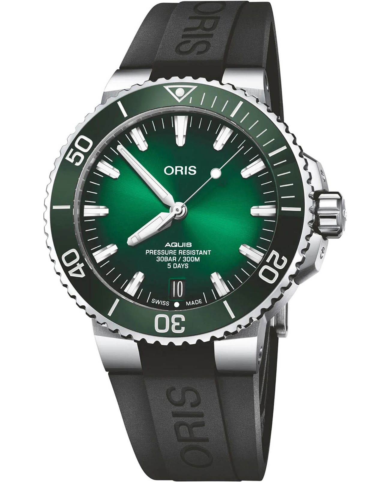 Oris Oris Aquis 01 400 7763 4157-07 4 24 74EB  01 400 7763 4157-07 4 24 74EB механические мужские часы зеленый циферблат, браслет каучук — вид спереди