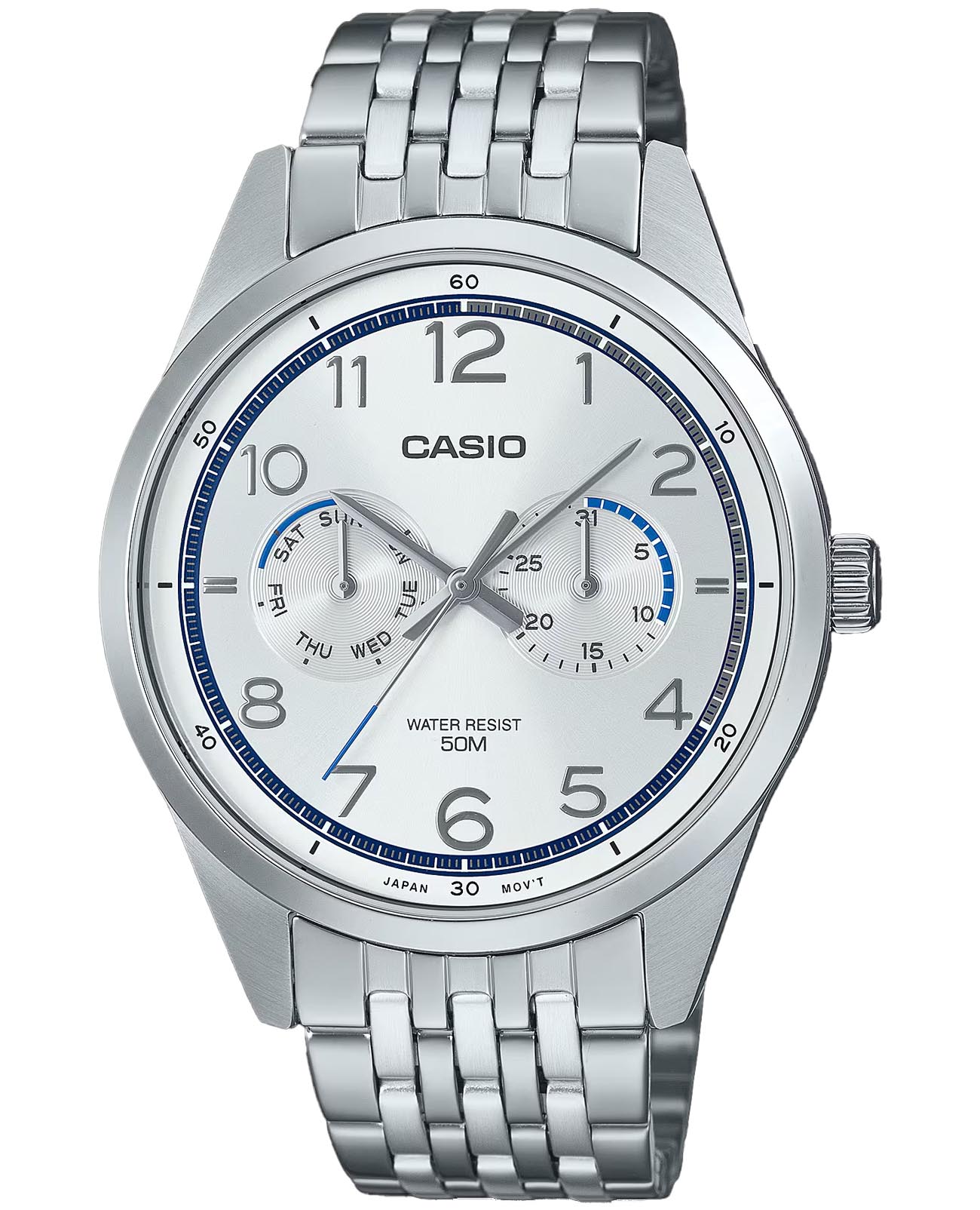 Casio Casio Collection MTP-E340D-7AV  MTP-E340D-7A кварцевые мужские часы серебристый циферблат, браслет нержавеющая сталь — вид спереди