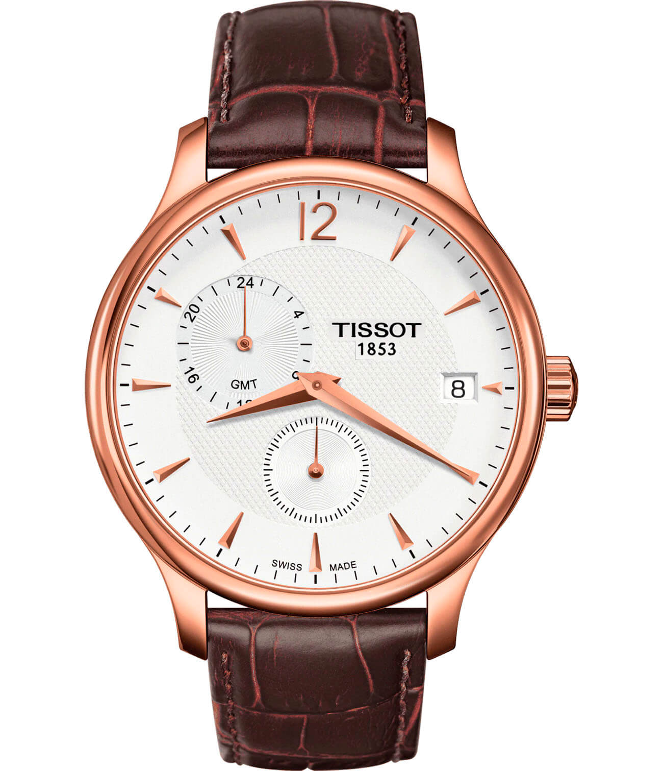 Tissot Tissot Tradition GMT T063.639.36.037.00 Tradition T0636393603700 кварцевые мужские часы белый циферблат, браслет кожаный — вид спереди