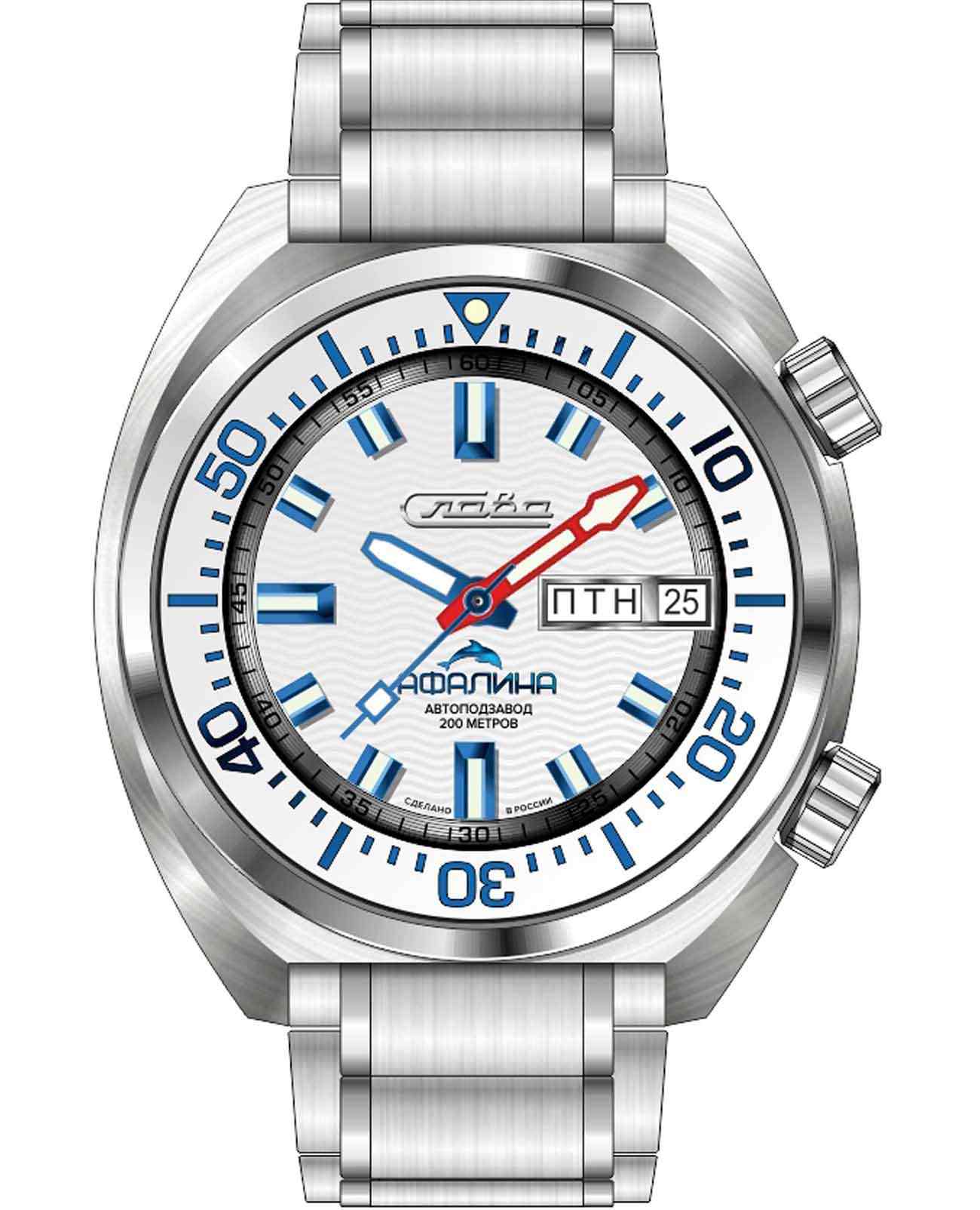 Слава Слава Афалина 2430582/100-2427  2430582/100-2427 механические мужские часы белый циферблат, браслет нержавеющая сталь — вид спереди
