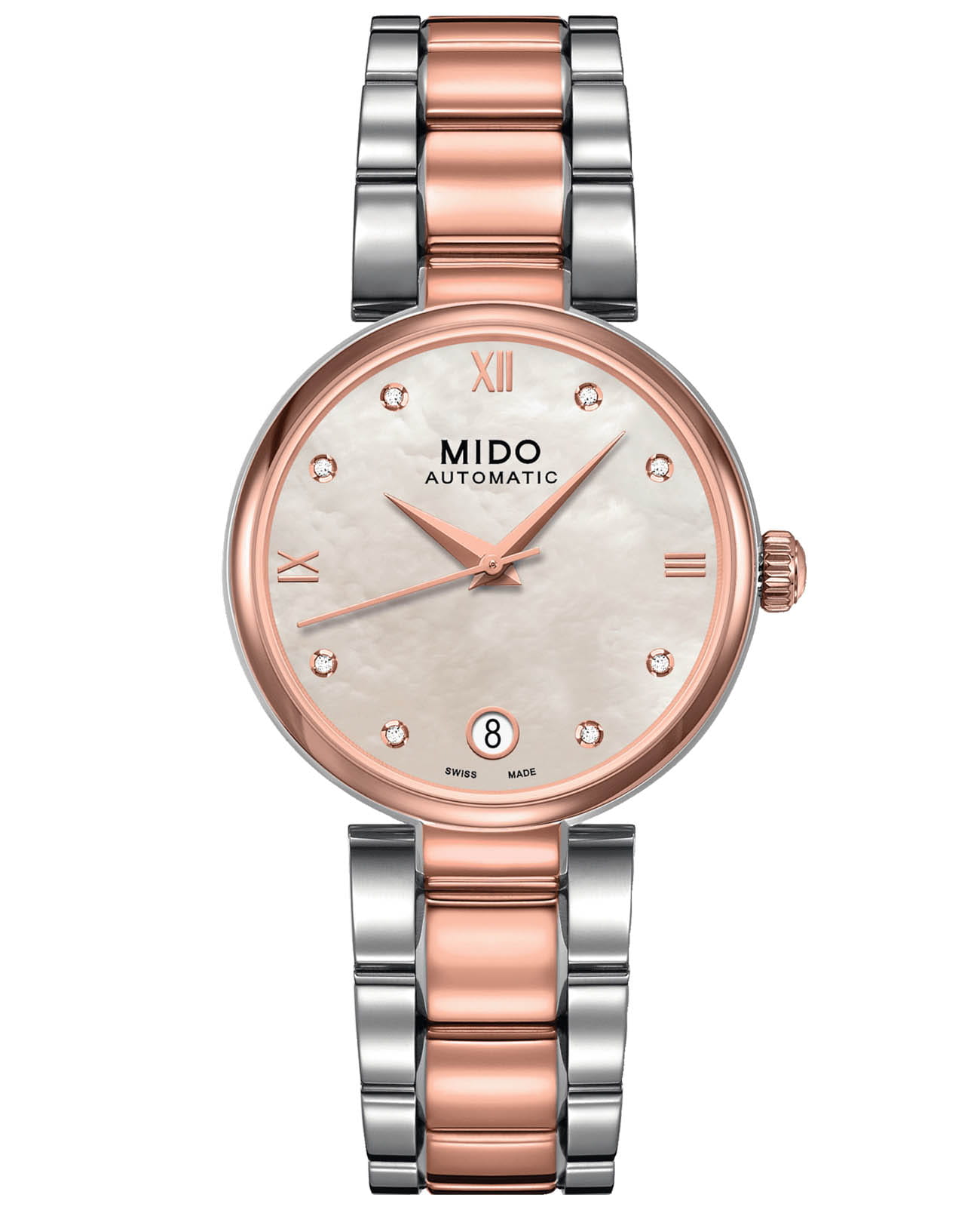 Mido Mido Baroncelli Donna M022.207.22.116.10  M0222072211610 механические женские часы перламутровый циферблат, браслет сталь c pvd покрытием — вид спереди
