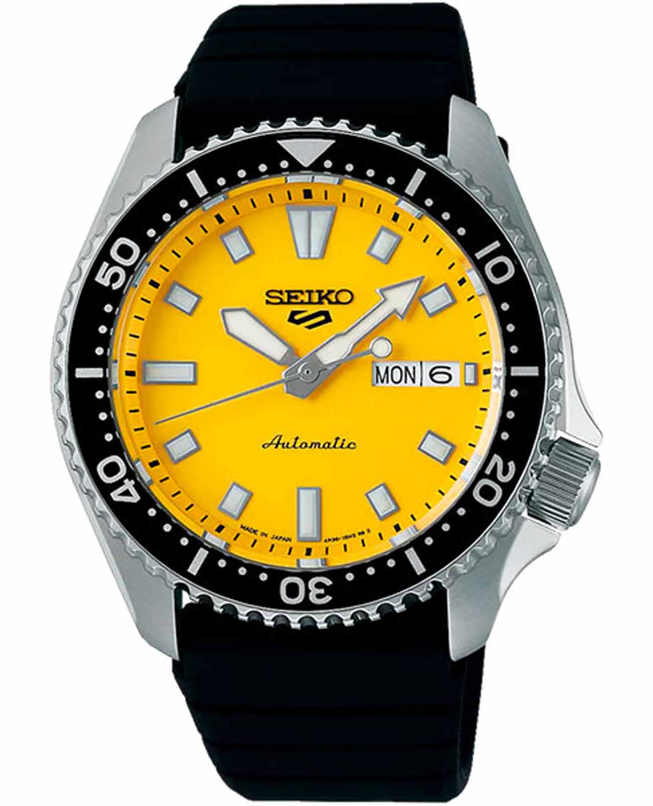Seiko Seiko 5 Sports SKXA035  SKXA035 механические мужские часы желтый циферблат, браслет силикон — вид спереди