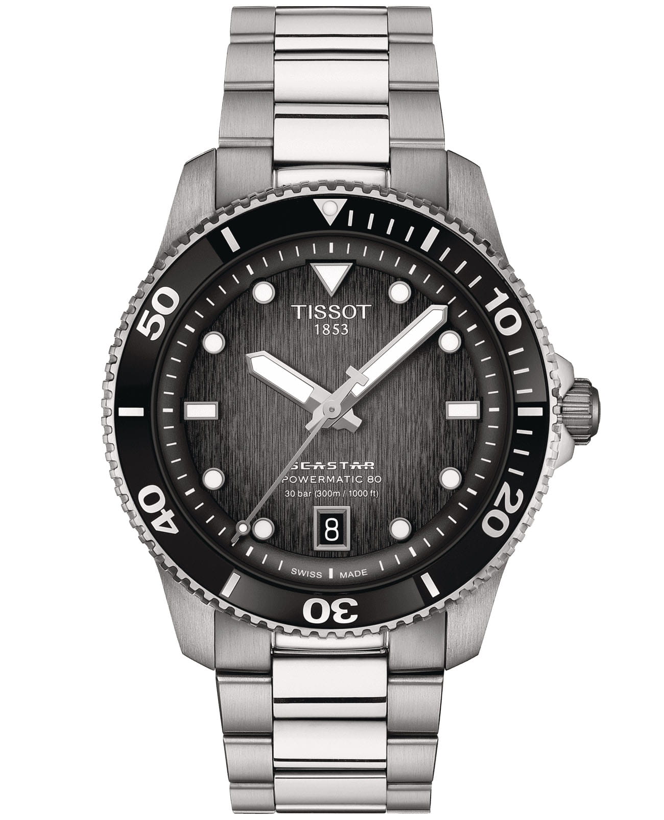 Tissot Tissot Seastar 1000 Powermatic 80 T120.807.11.051.00 Seastar 1000 T1208071105100 механические мужские часы черный циферблат, браслет нержавеющая сталь — вид спереди