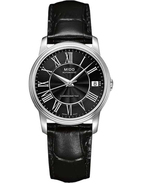 Mido Mido Baroncelli M010.208.16.053.20  M0102081605320 механические женские часы черный циферблат, браслет кожаный — вид спереди