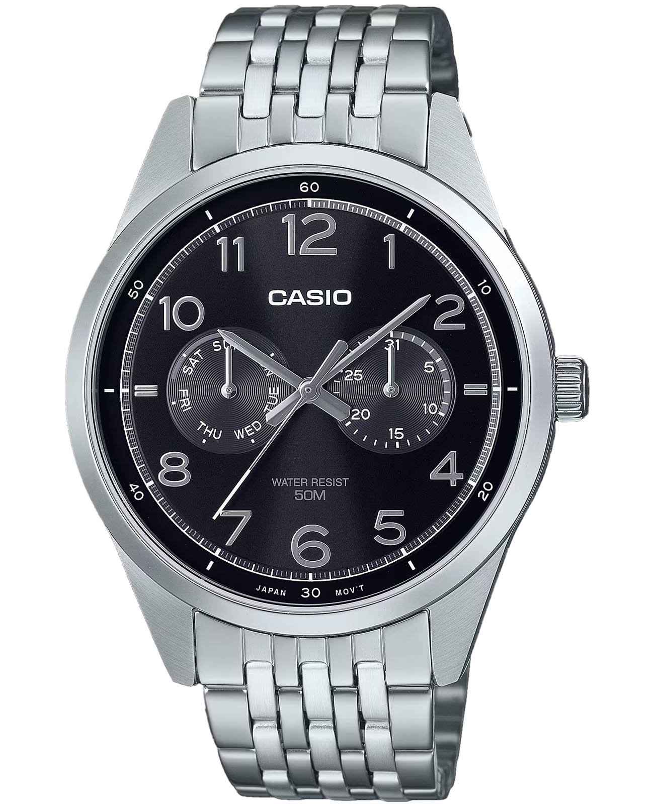 Casio Casio Collection MTP-E340D-1AV  MTP-E340D-1A кварцевые мужские часы черный циферблат, браслет нержавеющая сталь — вид спереди