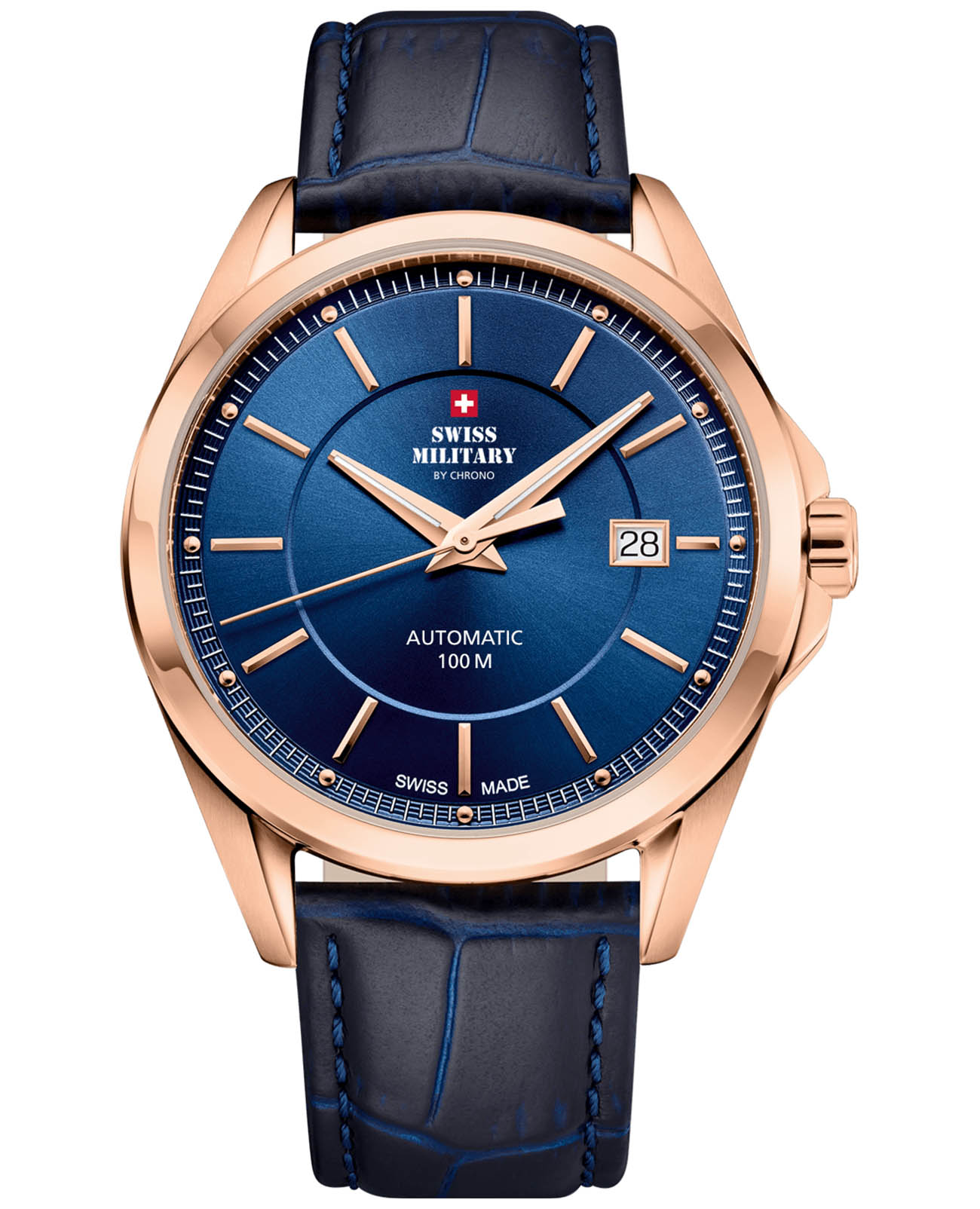 Swiss Military by Chrono Swiss Military by Chrono Automatic Collection SMA34085.19  SMA34085.19 механические мужские часы синий циферблат, браслет кожаный — вид спереди