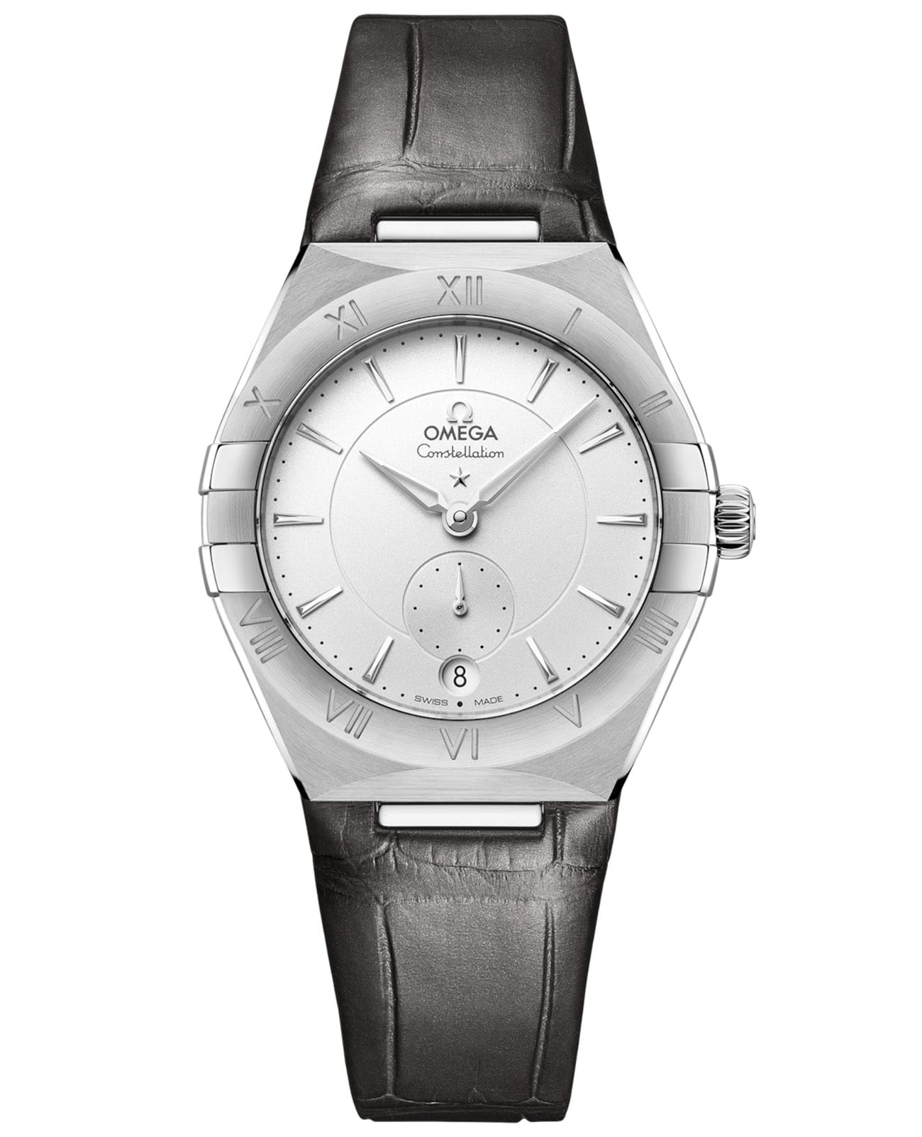 Omega Omega Constellation 131.13.34.20.02.001  13113342002001 механические женские часы серебристый циферблат, браслет кожаный — вид спереди