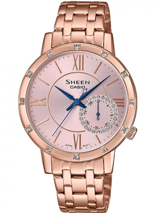 Casio Casio Sheen SHE-3046PG-4AUER  SHE-3046PG-4AUER кварцевые женские часы розовый циферблат, браслет сталь с ip покрытием — вид спереди