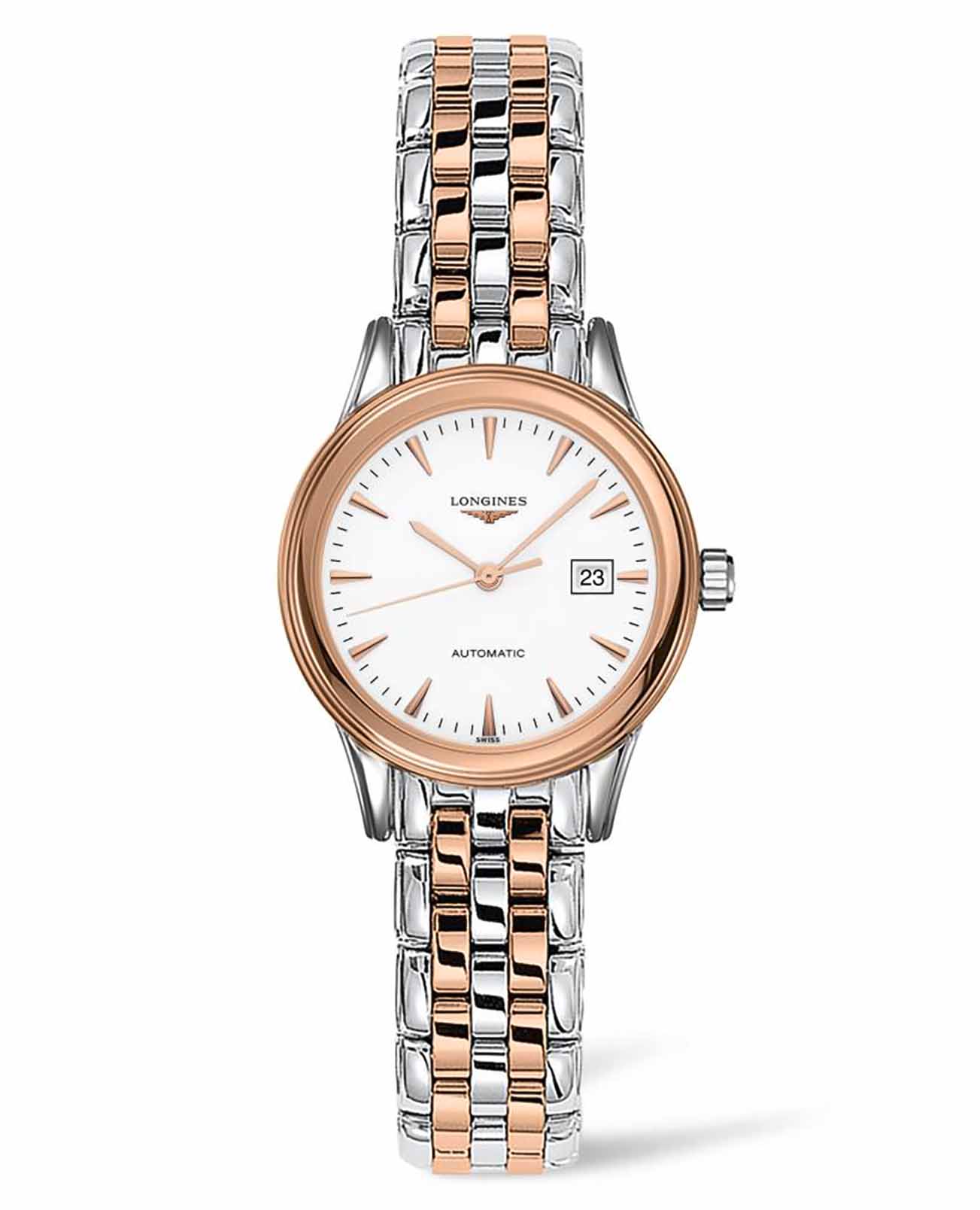 Longines Longines Flagship L4.374.3.92.7  L43743927 механические женские часы белый циферблат, браслет сталь c pvd покрытием — вид спереди