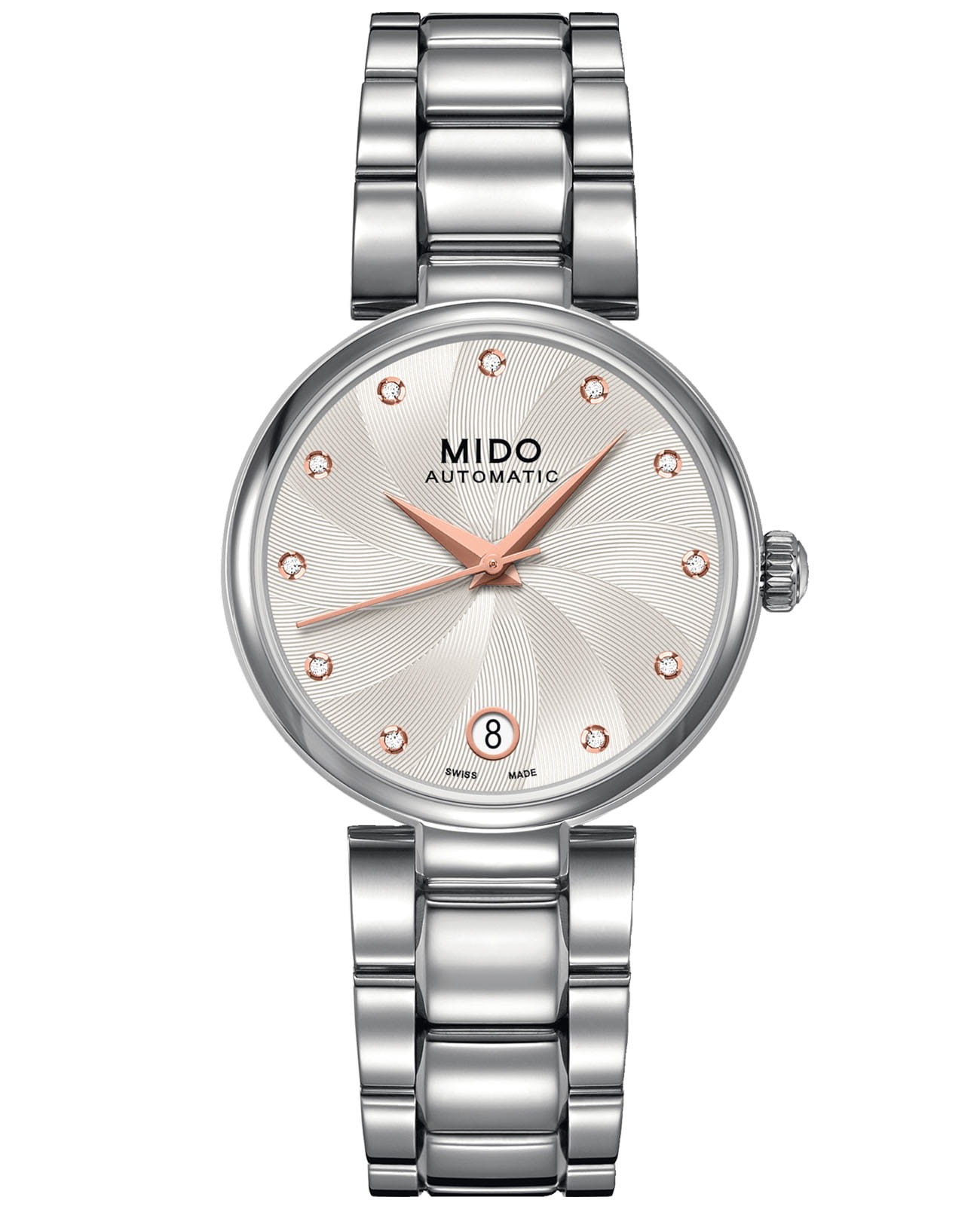 Mido Mido Baroncelli Donna M022.207.11.036.10  M0222071103610 механические женские часы серебристый циферблат, браслет нержавеющая сталь — вид спереди