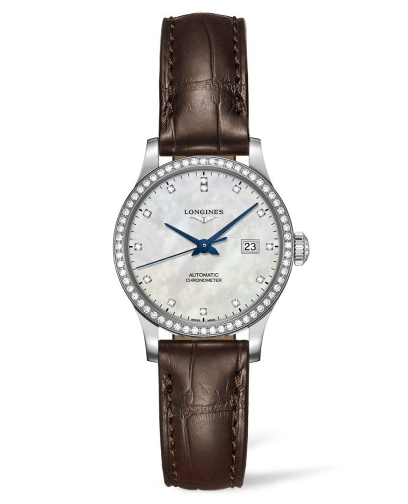 Longines Longines Record L2.321.0.87.2  L23210872 механические женские часы перламутровый циферблат, браслет кожаный — вид спереди