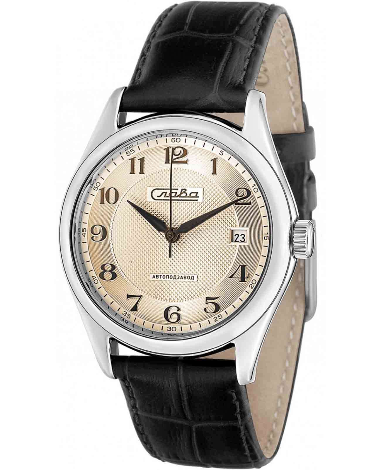 Слава Слава Сенат 1490865/300-8215  1490865/300-8215 механические мужские часы золотой циферблат, браслет кожаный — вид спереди