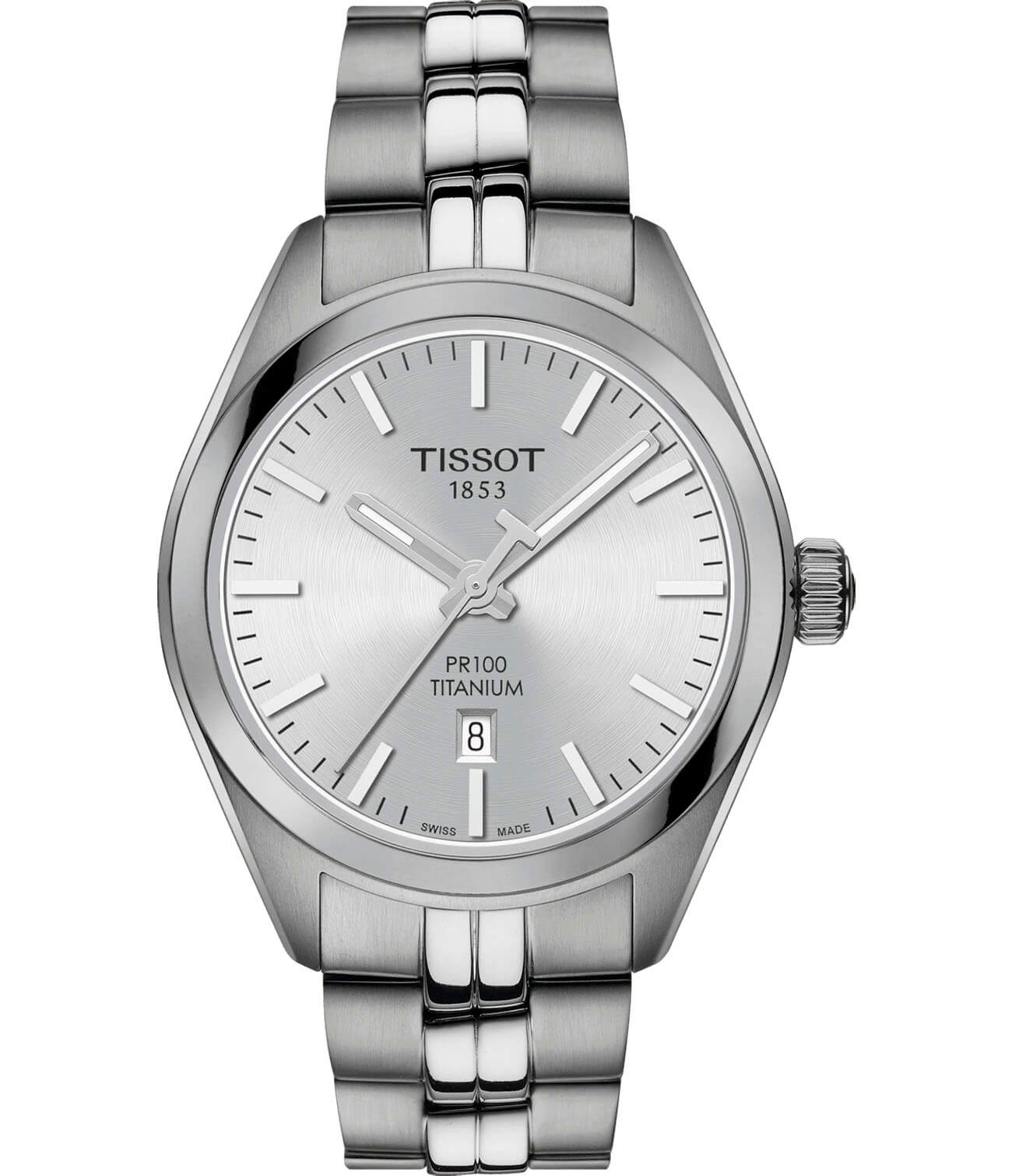 Tissot Tissot PR 100 Titanium Quartz Lady T101.210.44.031.00 PR 100 T1012104403100 кварцевые женские часы белый циферблат, браслет титановый — вид спереди