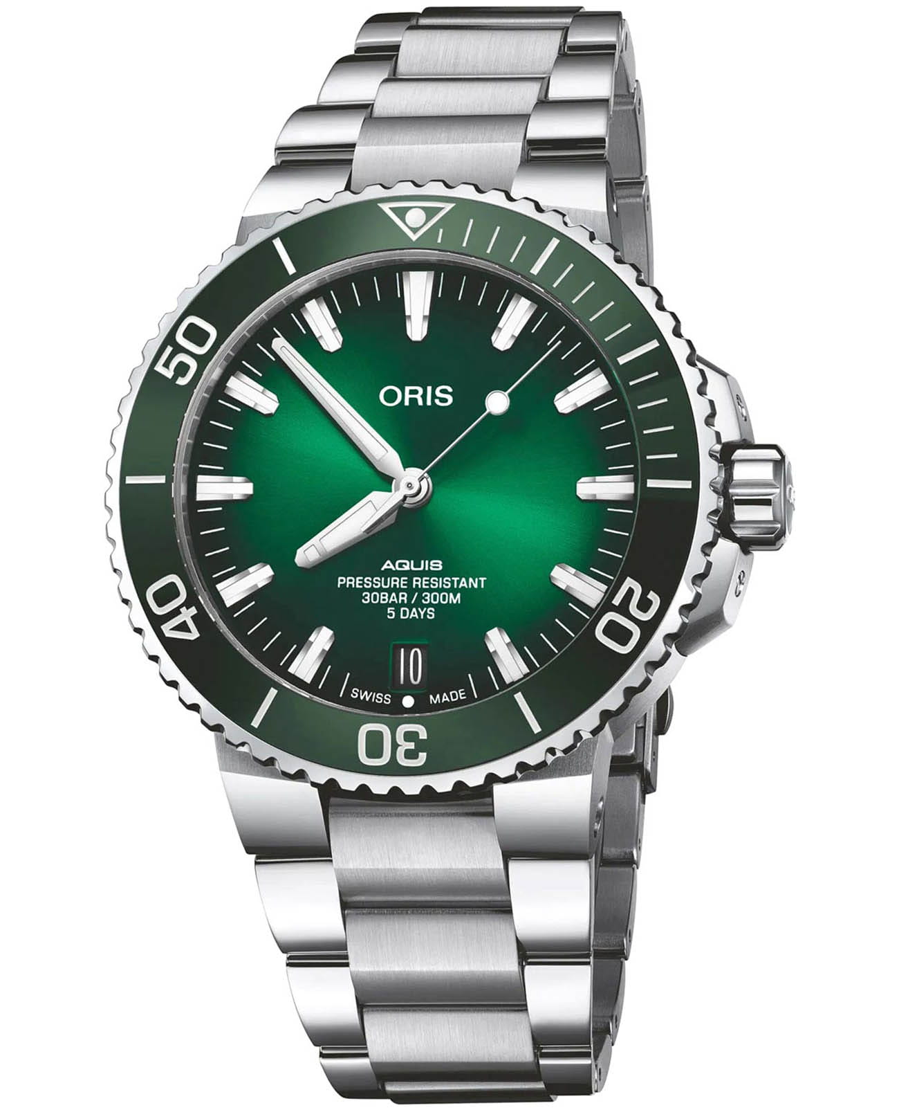 Oris Oris Aquis 01 400 7763 4157-07 8 24 09PEB  01 400 7763 4157-07 8 24 09PEB механические мужские часы зеленый циферблат, браслет нержавеющая сталь — вид спереди
