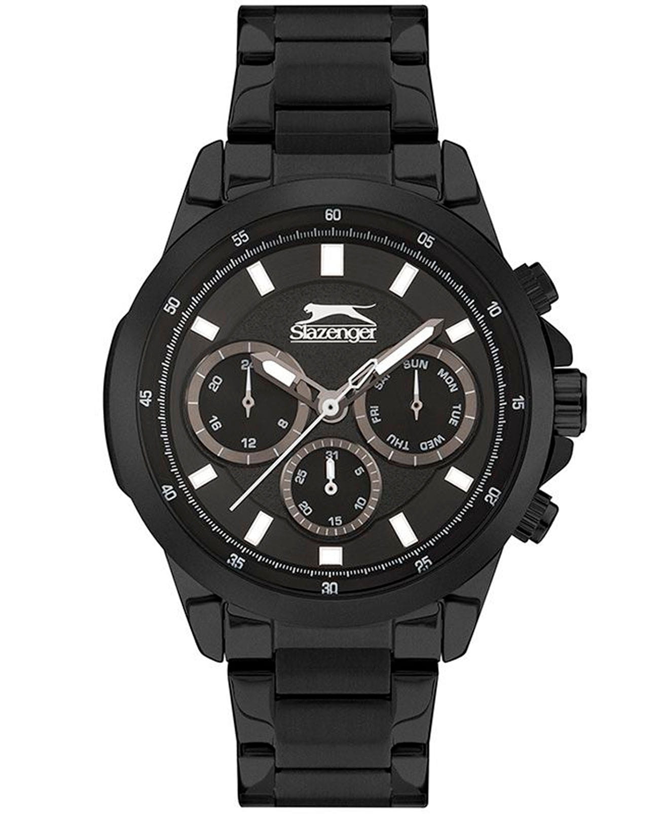 Slazenger Slazenger Multifunction SL.09.2011.2.01  SL.09.2011.2.01 кварцевые мужские часы черный циферблат, браслет суперметалл с ip покрытием — вид спереди