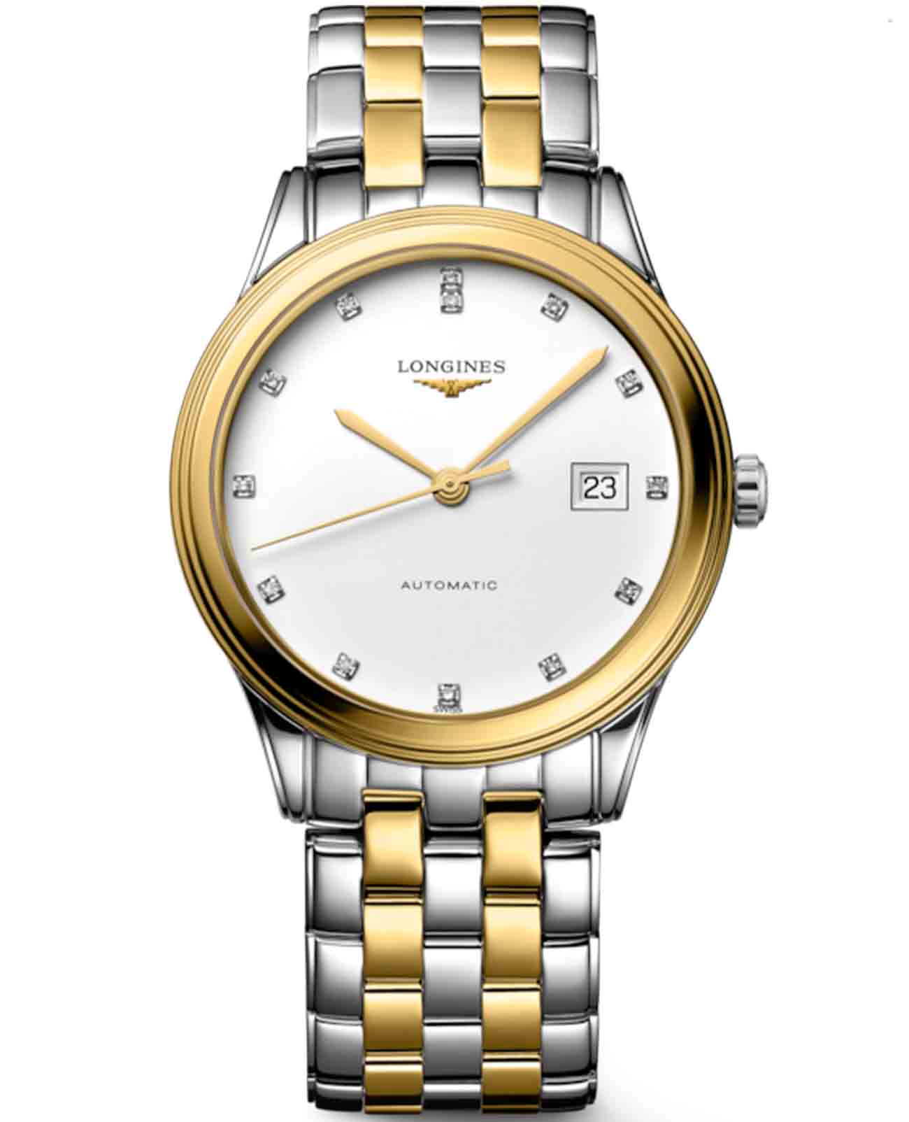 Longines Longines Flagship  L4.974.3.27.7  L49743277 механические мужские часы белый циферблат, браслет сталь c pvd покрытием — вид спереди