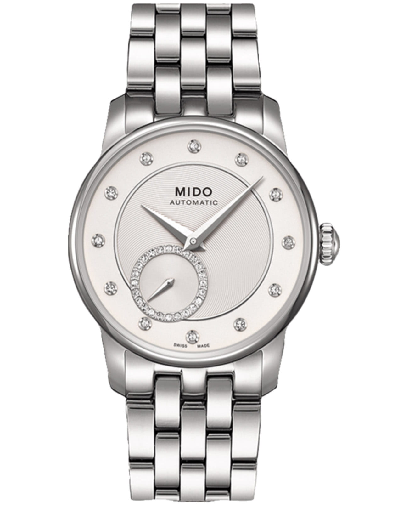 Mido Mido Baroncelli II Lady M007.228.11.036.00  M0072281103600 механические женские часы белый циферблат, браслет нержавеющая сталь — вид спереди
