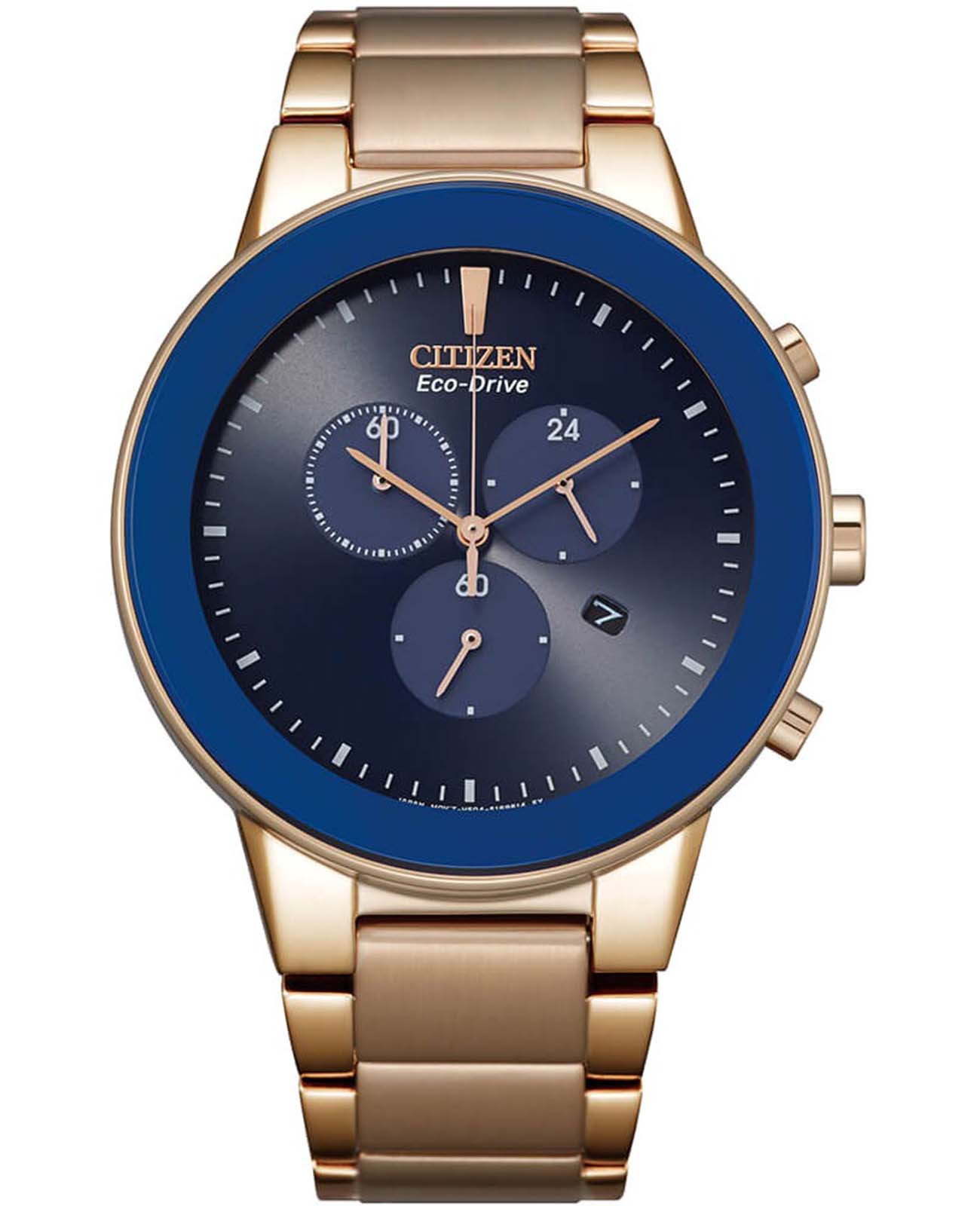 Citizen Citizen Eco-Drive AT2243-87L  AT2243-87L кварцевые мужские часы синий циферблат, браслет нержавеющая сталь с ip-покрытием — вид спереди