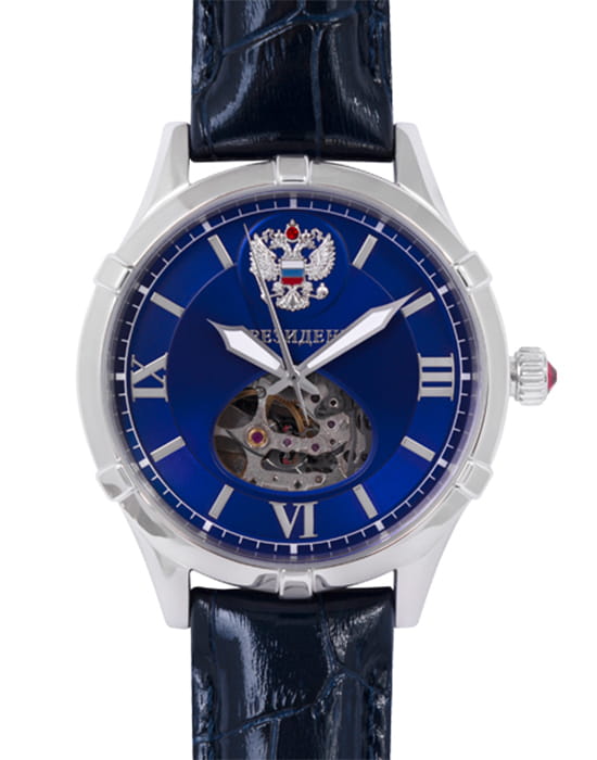 Президент Президент 4600160  4600160 механические мужские часы синий циферблат, браслет кожаный — вид спереди