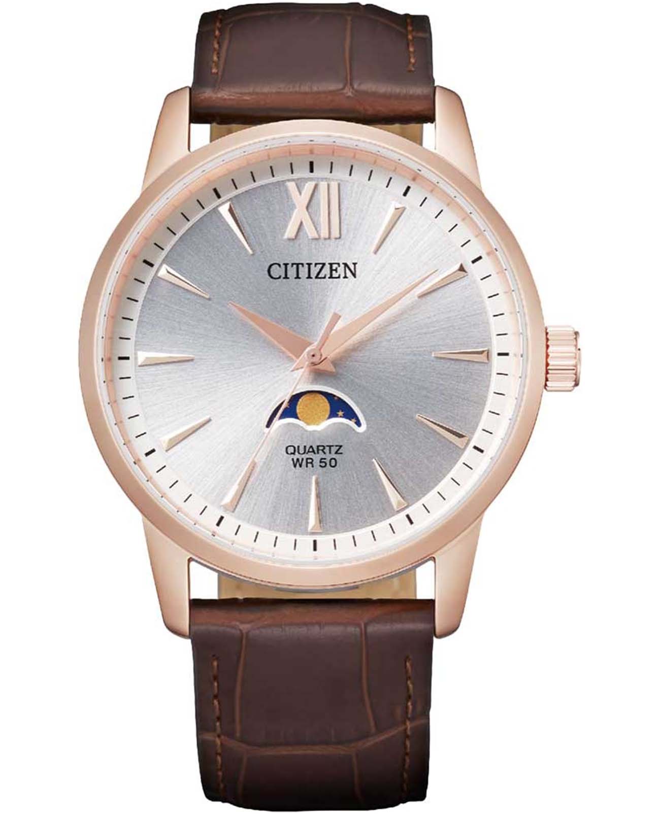 Citizen Citizen Basic Moonphase AK5003-05A  AK5003-05A кварцевые мужские часы серебристый циферблат, браслет кожаный — вид спереди