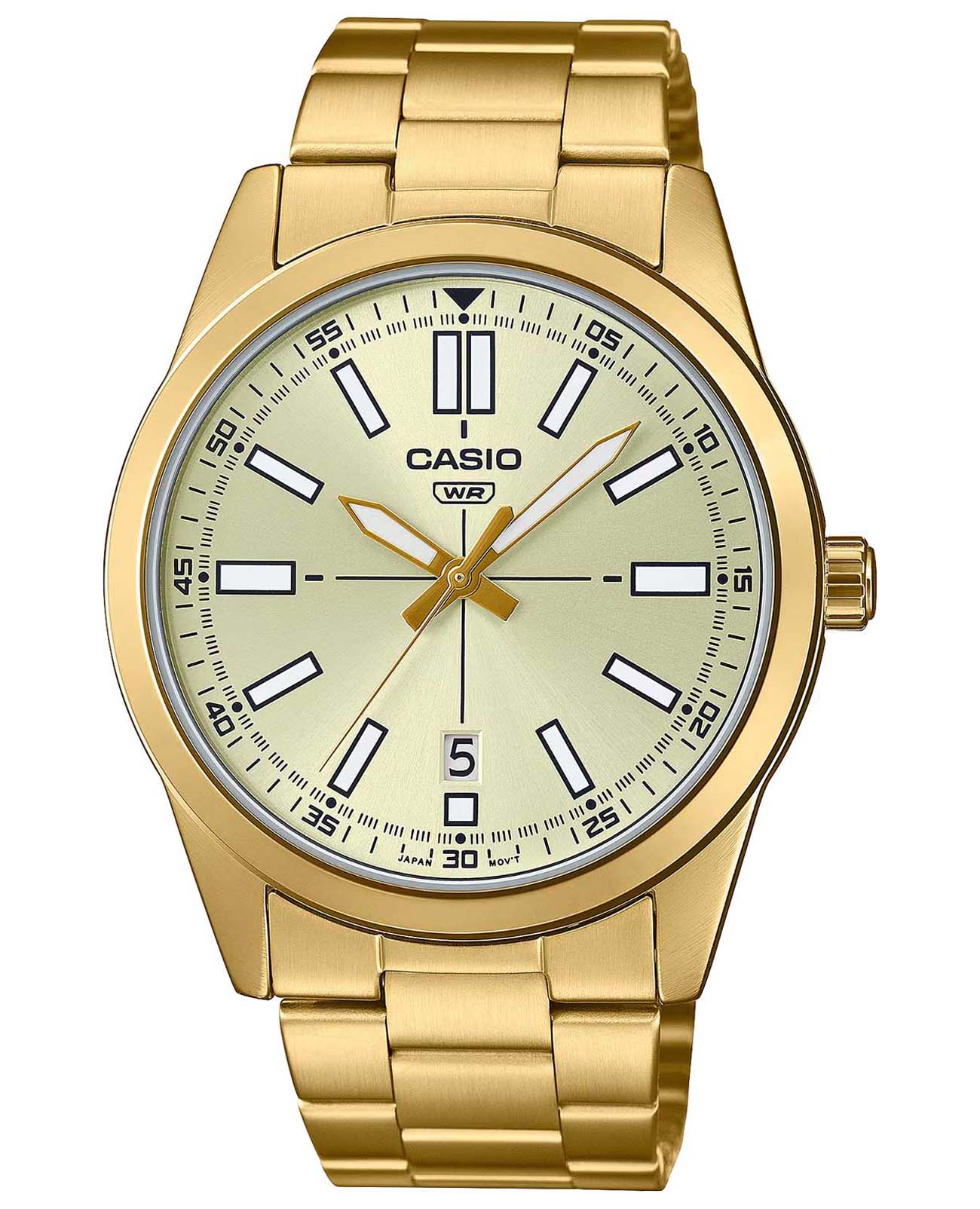 Casio Casio Collection MTP-VD02G-9E  MTP-VD02G-9E кварцевые мужские часы шампань циферблат, браслет сталь с ip покрытием — вид спереди