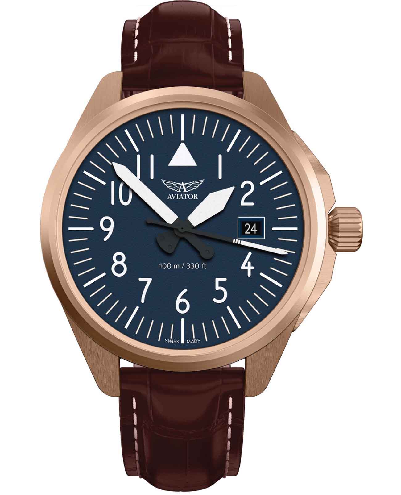 Aviator Aviator Airacobra V.1.38.2.317.4  V.1.38.2.317.4 кварцевые мужские часы синий циферблат, браслет кожаный — вид спереди