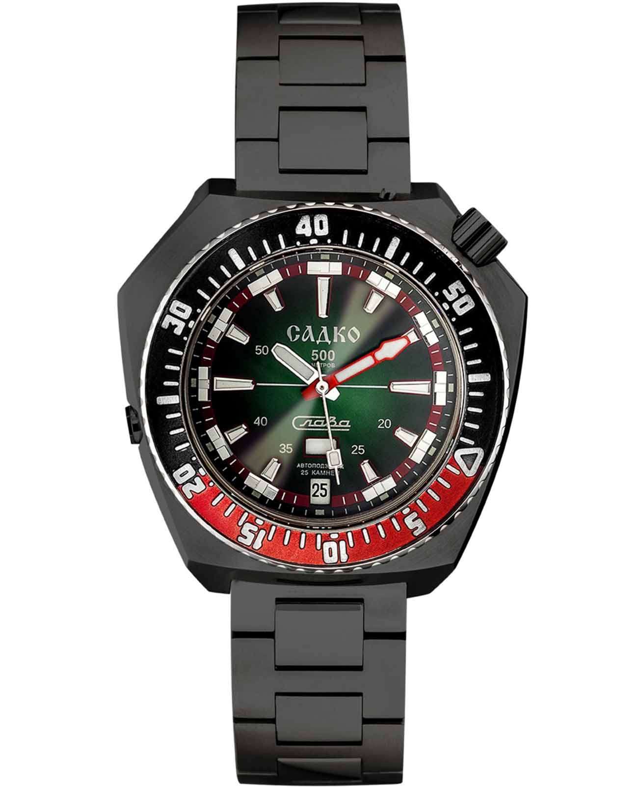 Слава Слава Садко 5006169/100-2427  5006169/100-2427 механические мужские часы зеленый циферблат, браслет нержавеющая сталь с ip-покрытием — вид спереди