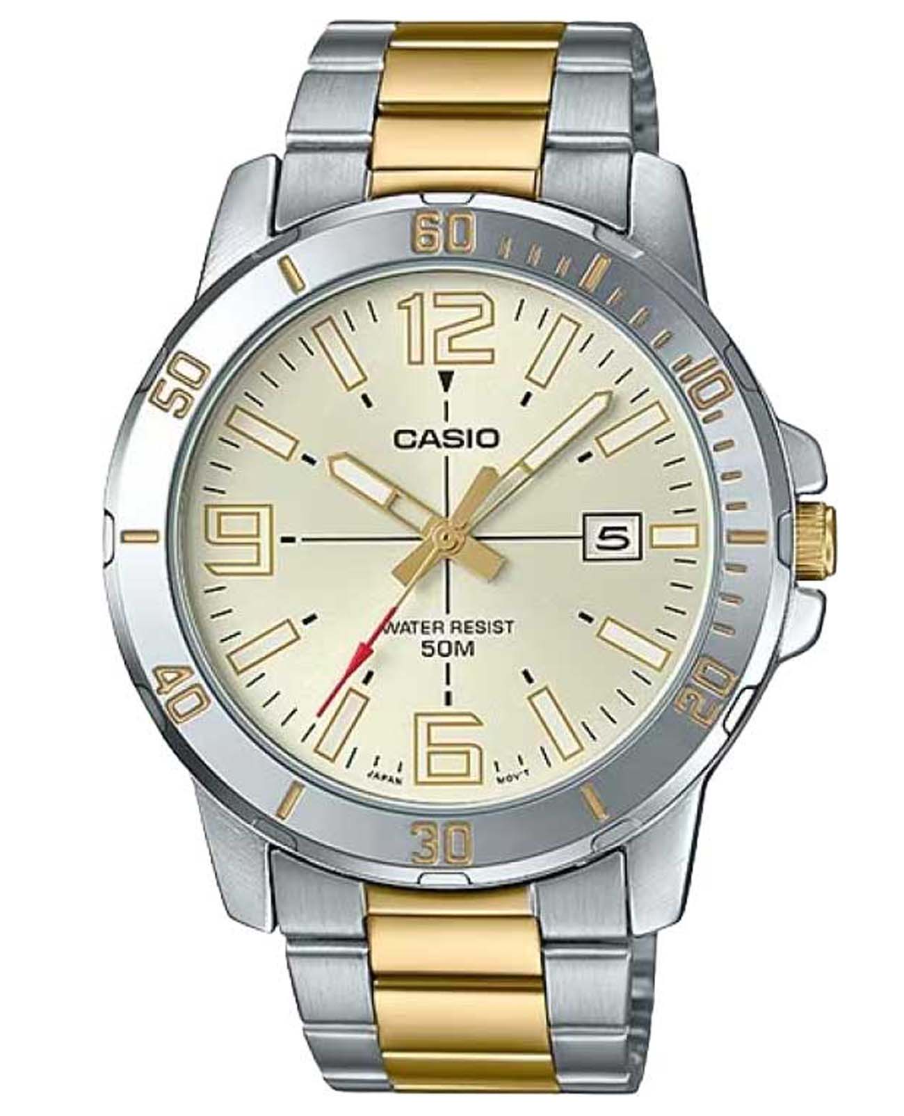 Casio Casio Collection MTP-VD01SG-9B  MTP-VD01SG-9B кварцевые мужские часы бежевый циферблат, браслет нержавеющая сталь с ip-покрытием — вид спереди