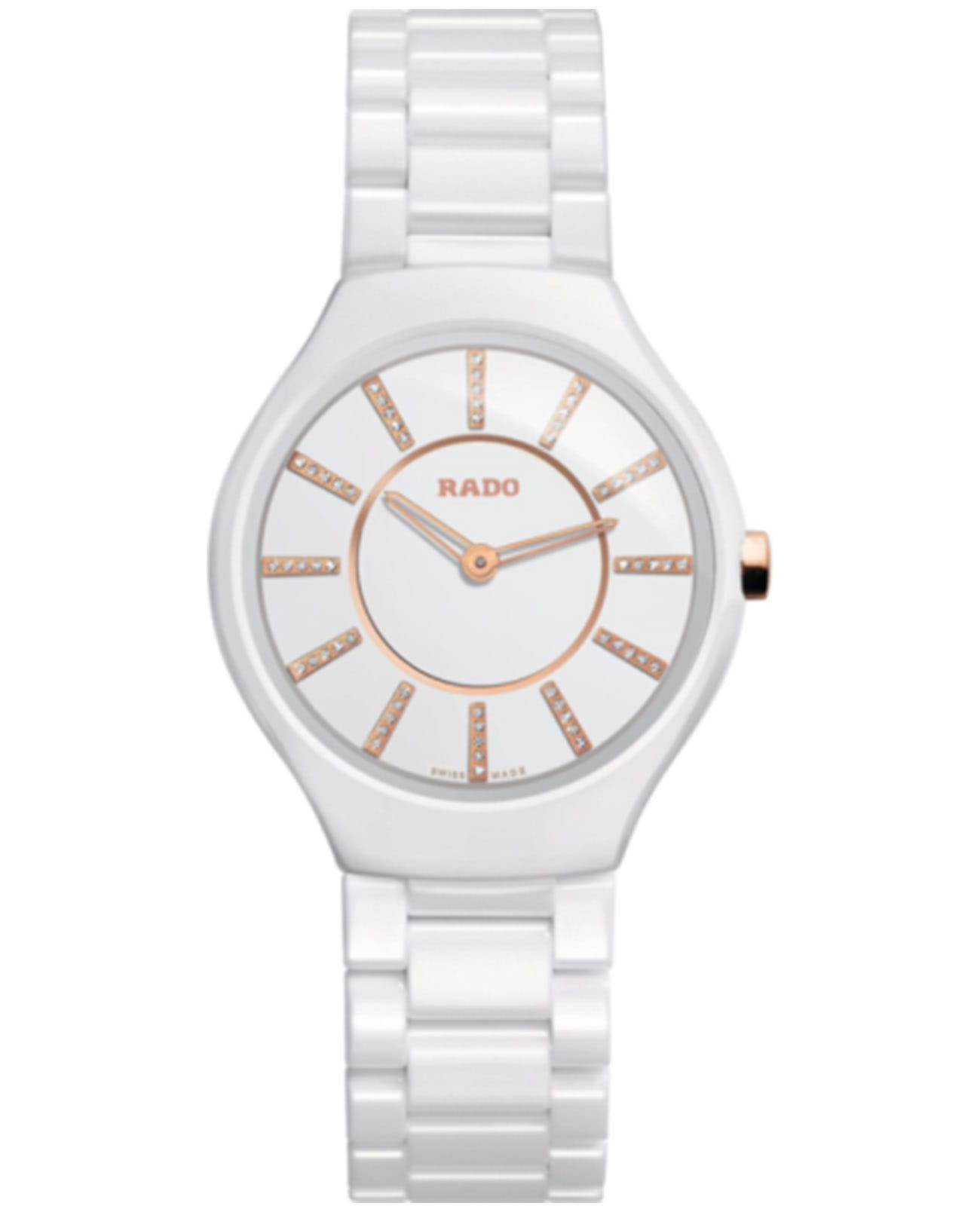 Rado Rado True Thinline R27958702  R27958702 кварцевые женские часы белый циферблат, браслет высокотехнологичная керамика — вид спереди