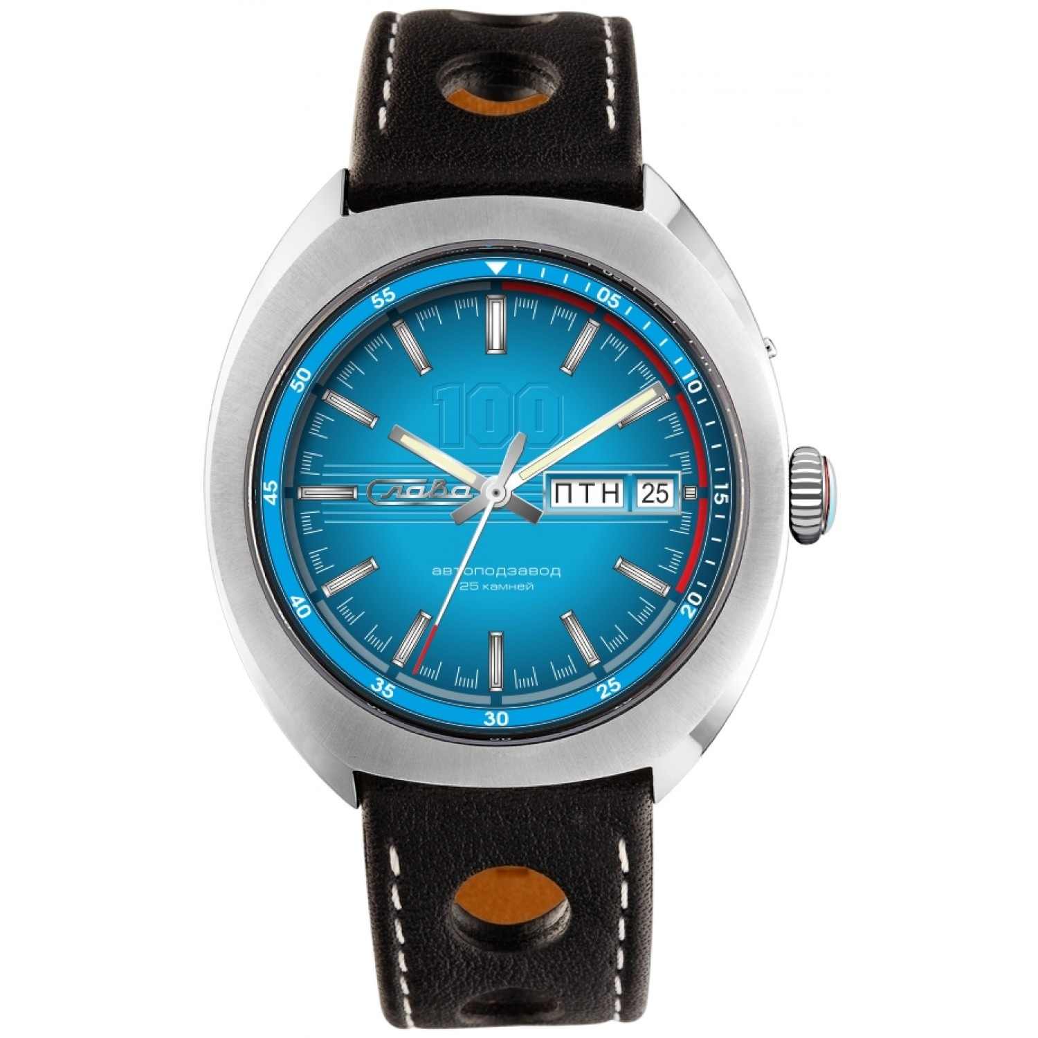 Слава Слава Мир 9010575/300-2427  9010575/300-2427 механические мужские часы голубой циферблат, браслет кожаный — вид спереди