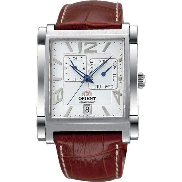 Orient Orient ETAC005W (FETAC005W)  FETAC005W механические мужские часы белый циферблат, браслет кожа + текстиль — вид спереди